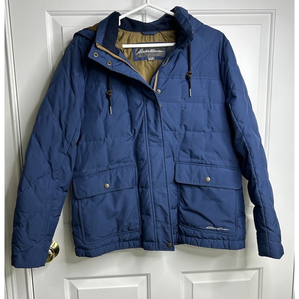 Eddie Bauer Down Insulated Quilted Coat Women's XL Blue No Fur Trim On Hood